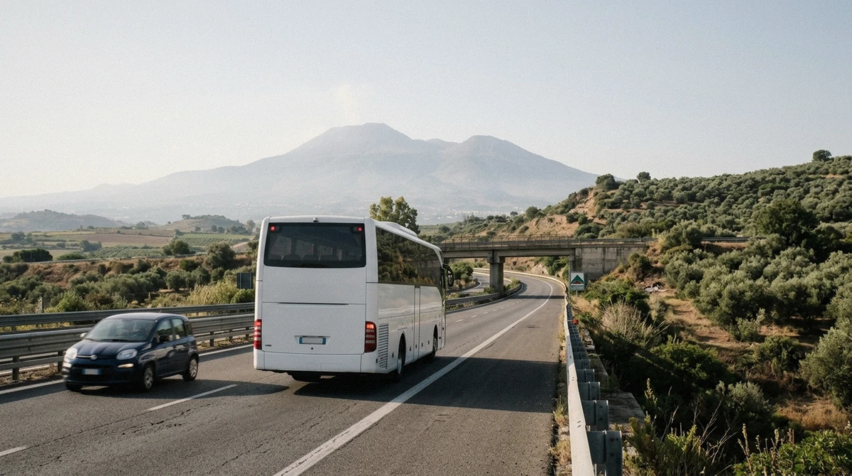 A white tour coach heading south on the motorway towards Mount Vesuvius on a Pompeii tour from Rome, Italy